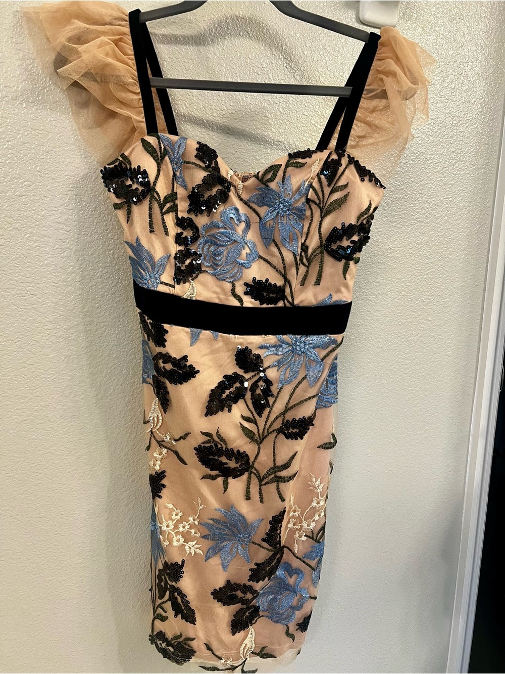 Floral Embroidered Sheath Dress in Nude and Blue